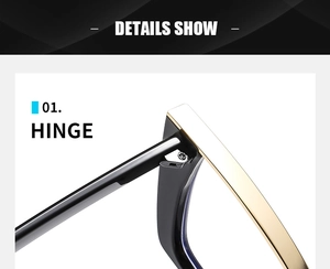 Macro shot of durable black and gold metal hinge on trendy cat-eye glasses frame