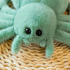 Macro shot of light green plush spider toy with soft texture and large black eyes