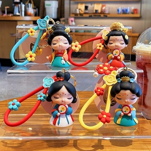 Set of four cute Tang Dynasty style girl keychains in red, blue, yellow, and cyan colors