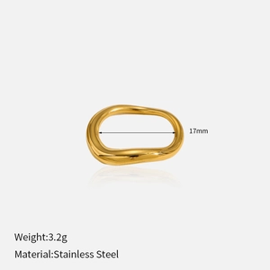 Detail view of irregular golden stainless steel ring showing 17mm diameter and 3.2g weight