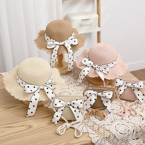 Children straw hat and bag set with polka dot bows for outdoor sun protection
