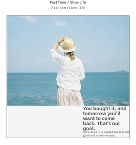 Woman in white shirt and straw hat against blue sea background for summer resort vibe