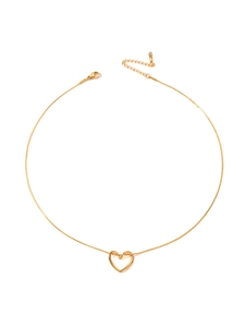 Close-up of a gold heart pendant necklace with an adjustable extender chain on white background
