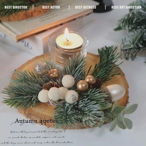 Rustic Christmas candle holder with wooden base, pine cones, and festive golden ornaments
