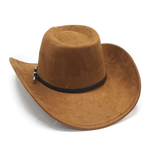 Macro detail of brown faux suede cowboy hat with black leather belt and silver buckle