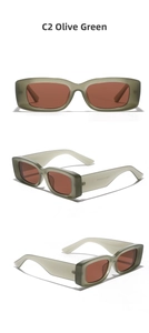 Detailed views of translucent fruit green rectangular sunglasses with dark brown lenses