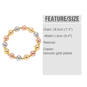 Detail showing 18.5cm beaded bracelet dimensions with gold silver and rose gold beads