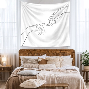 Detail of minimalist line art tapestry with fingertip touch design in bedroom decor