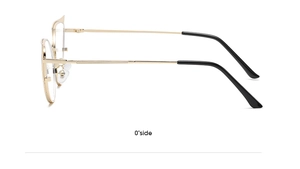 Side view of gold cat-eye glasses frame with thin metal temples and black tips