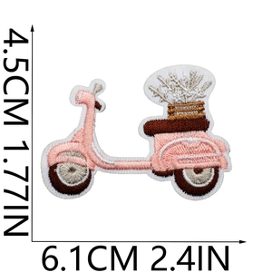 Pink motorcycle embroidery patch with floral basket detail and precise dimensions