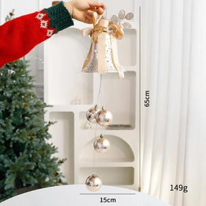 Christmas bell ornament with bow and sequins in champagne gold, 65cm hanging decoration