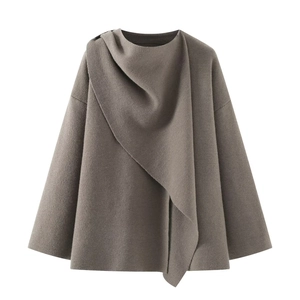 Women Asymmetric Scarf Collar Knit Poncho Shawl Pullover Solid Color Irregular Hem Short Sleeveless Wrap Sweater