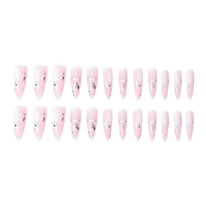 Lange Stiletto Kunstnägel mit rosa Marmorierung und geometrischen Dreiecksmustern