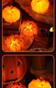 Close-up of glowing LED Halloween pumpkin lamp with warm orange light on rustic table