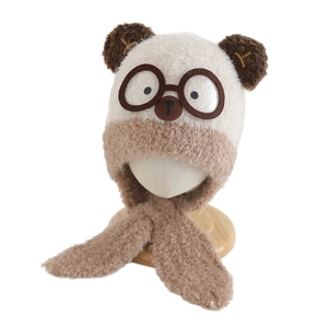 Kids plush bear hat with scarf combo featuring glasses design and warm fleece fabric