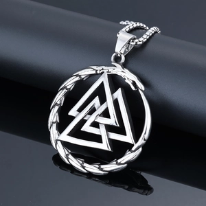 Retro stainless steel viking necklace featuring valknut dragon symbol on black stand