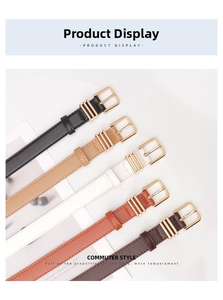 Detail of five slim PU leather belts with gold rectangular buckles in various colors