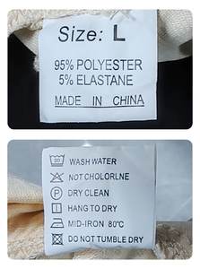 Detail of size L garment label showing 95% polyester fabric and washing instructions