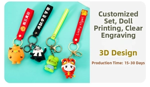 Close-up of 3D PVC cartoon keychains including panda and lion with colorful lanyards