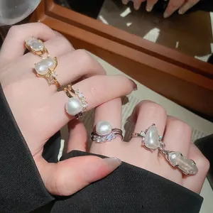 Baroque irregular pearl open ring in gold and silver finish with zircon accents