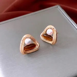 Vintage Triangle Stud Earrings With 925 Sterling Silver Earring Post Tiger Eye Stone And Artificial Pearl French Style For Women