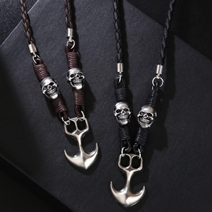Retro Punk Alloy Anchor Pendant Necklace With PU Woven Leather Rope And Metal Skull Beads Halloween Style