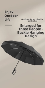 Detail of carabiner handle and large matte black canopy on windproof folding umbrella