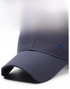 Detailed view of dark blue baseball cap with premium embroidery and reinforced stitching