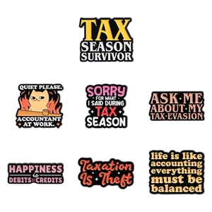 Set of 7 colorful enamel pins featuring humorous accounting and tax season themes