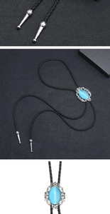 Detailed views of a Bolo Tie with blue cat eye stone and silver metal engraved slide