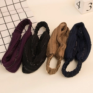 Elastic wide knit headbands in purple, black, camel, and navy with shimmer thread detail