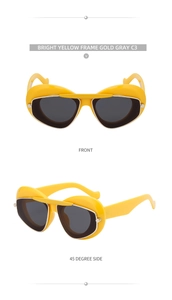 Front and side view of chunky yellow cat-eye sunglasses with gold gray lenses