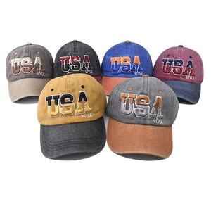 Vintage washed cotton baseball caps with USA embroidery in various color combinations