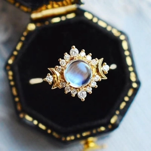 Bague En Cuivre Avec Pierre De Lune Et Zircon Soleil Lune Étoile Vintage Bohème Mystique Style Palais Bijoux Femmes