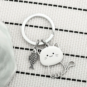 Japanese Style Cute Cat Eating Fish Stainless Steel Keychain Silver Metal Hollow Fishbone Pendant Key Ring Couple Gift Accessory