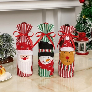 Christmas Wine Bottle Cover Striped Linen Cloth Santa Snowman Reindeer Applique Festive Dining Party Table Decor Holiday Gift Bags