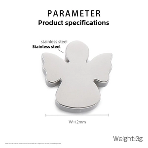 Detailed view of polished stainless steel angel pendant with dimensions and weight specs