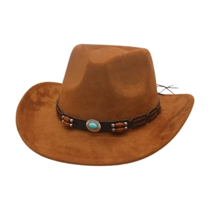 Cappello da cowboy marrone classico con tesa larga e decorazione a fascia turchese