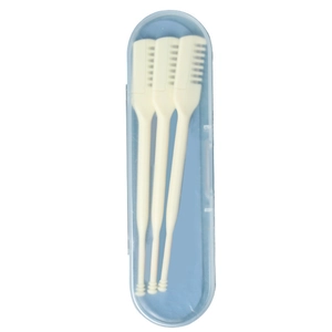 Portable dual-ended nose hair trimmer and eyebrow comb set in a blue storage box