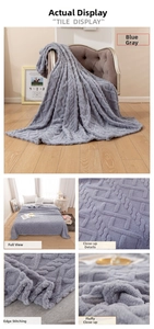 Detail showing blue-grey jacquard flannel blanket with 3D geometric texture and soft plush
