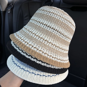 Knitted Bucket Hat Polyester Striped Hollow Crochet Breathable Sun Protection Foldable Casual Fisherman Hat For Women