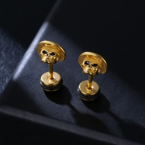 316L stainless steel gold skull stud earrings with cowboy hat design in punk hip hop style