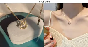Detail of fan-shaped pendant necklace with crystal inlay and lifestyle model view