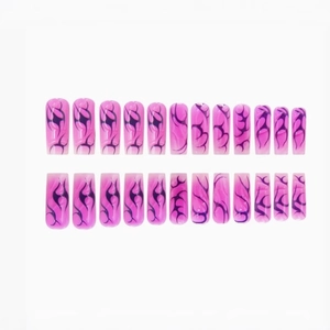 Pink gradient long square fake nails with dark purple tribal flame patterns 24pc set