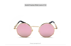 Front view of retro steampunk sunglasses with gold metal frame and pink lenses