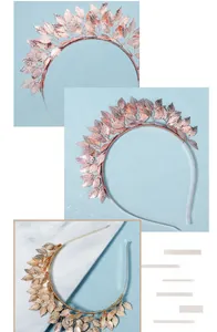 Macro detail of handmade gold and rose gold leaf bridal crown with engraved metal leaves