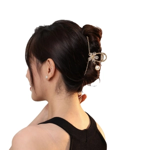 Elegant gold metal flower hair claw clip with rhinestones and pearl pendant for women