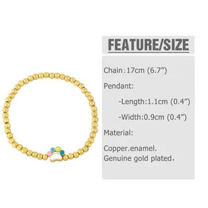 Size chart for golden beaded bracelet featuring a colorful enamel paw print pendant
