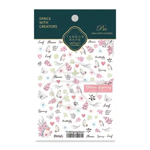 Stickers nail art 5D gaufrés avec oiseaux de printemps et motifs floraux sur fond blanc