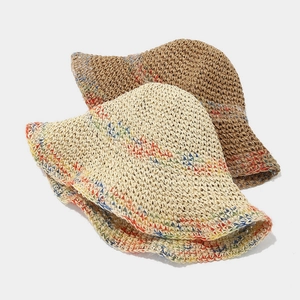 Wide brim woven straw sun hat for women featuring colorful knit accents and summer style